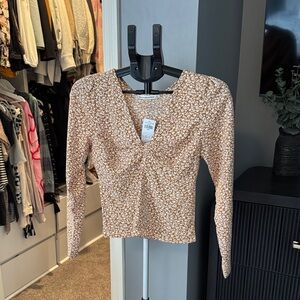 Brown Floral V-Neck Long-Sleeve Top